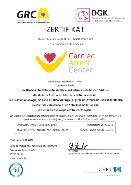 Das Cardiac Arrest Center im Rhein-Maas Klinikum ist seit 2019 zertifiziert. 2022 und 2025 wurde das CAC rezertifiziert.