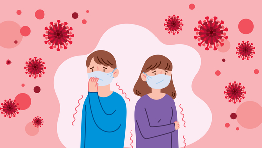 2 Menschen mit Mund-Nasen-Schutz sind umgeben von Corona-Viren.